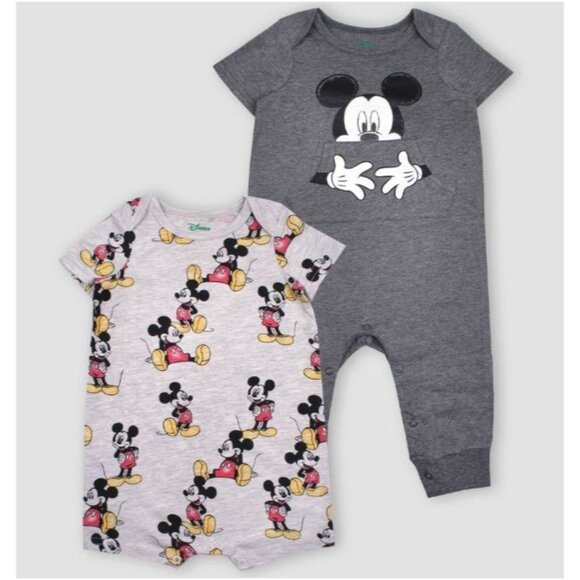 Disney Mickey Mouse Baby Boys 2-Pack Rompers Gray Size 0-3 Months - Picture 1 of 3